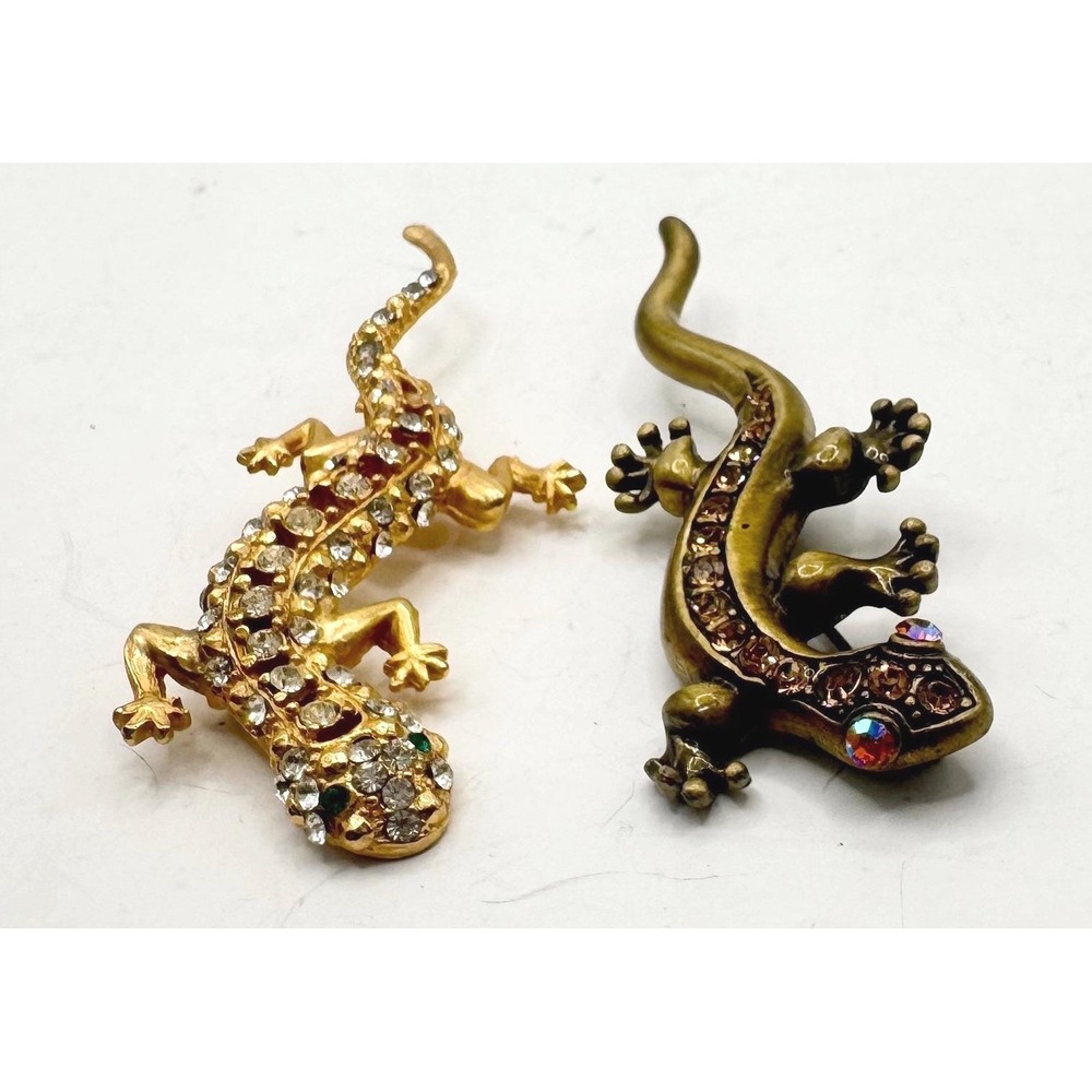 Lizard‎ Gecko Brooch Pin Set Gold Tone Rhinestone Bronze Tone Aurora Borealis